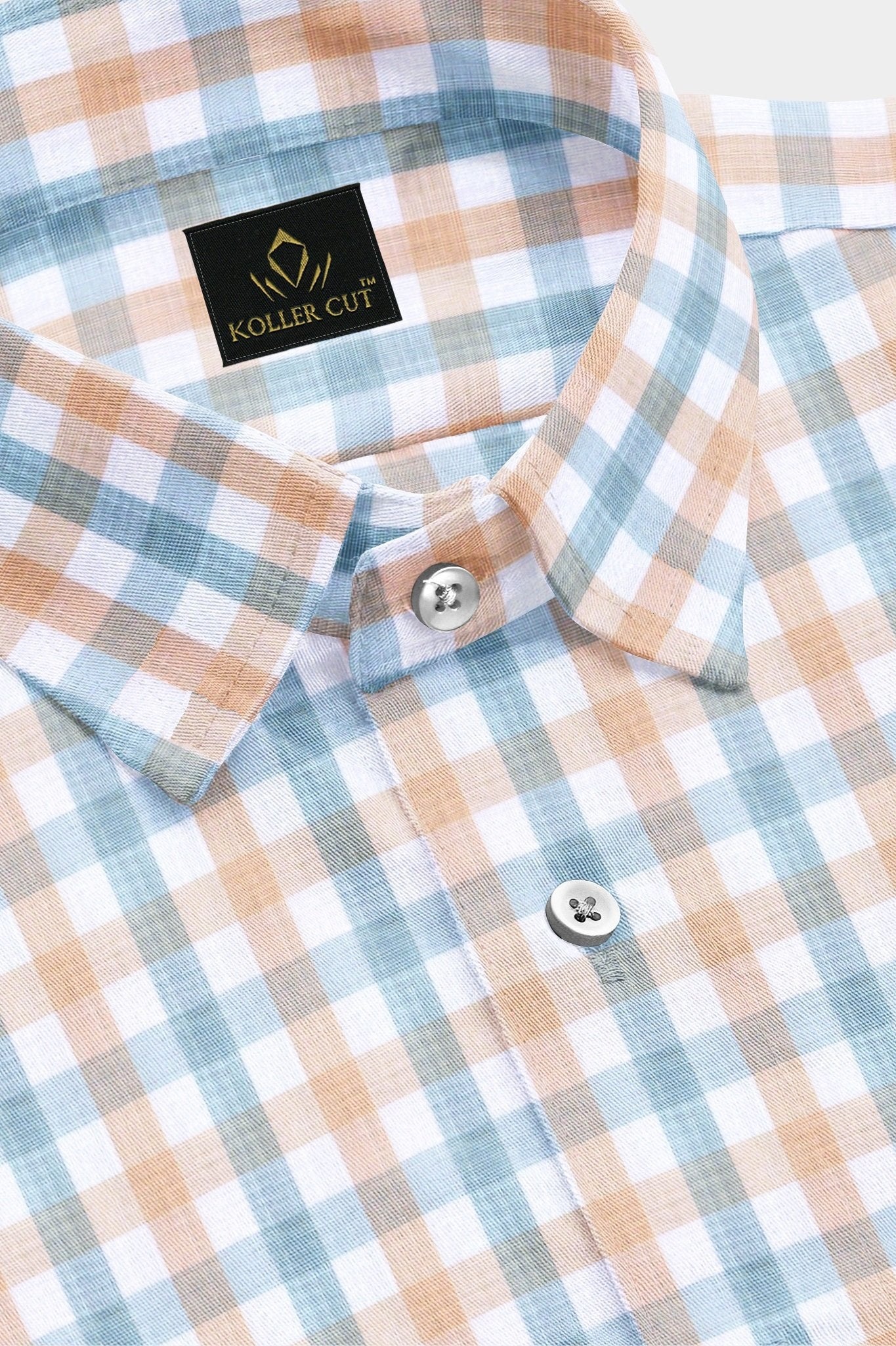 White with Fuzz Peach and Cerulean Blue Checks Cotton Shirt