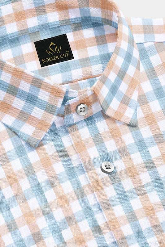 White with Fuzz Peach and Cerulean Blue Checks Cotton Shirt