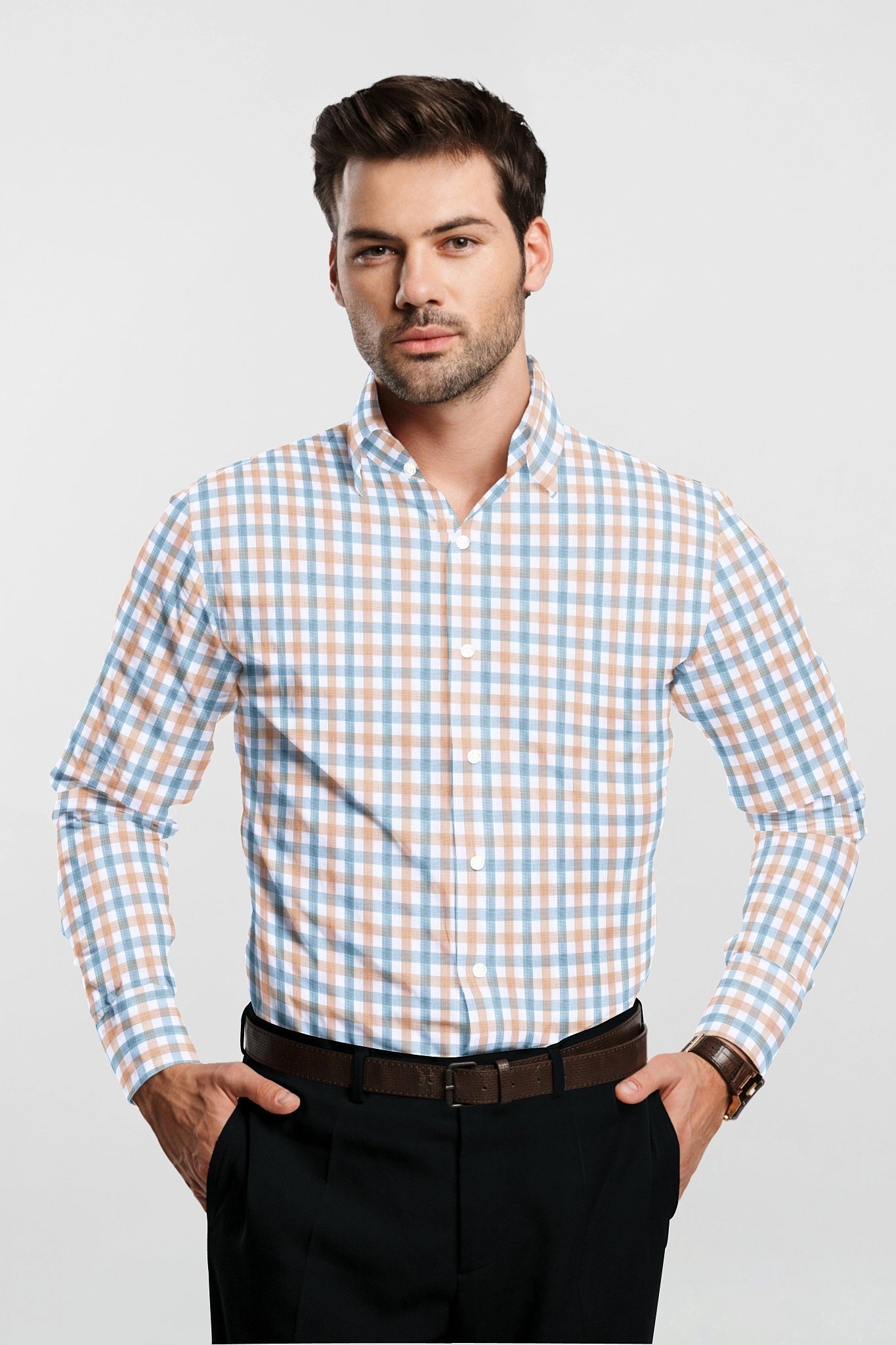 White with Fuzz Peach and Cerulean Blue Checks Cotton Shirt