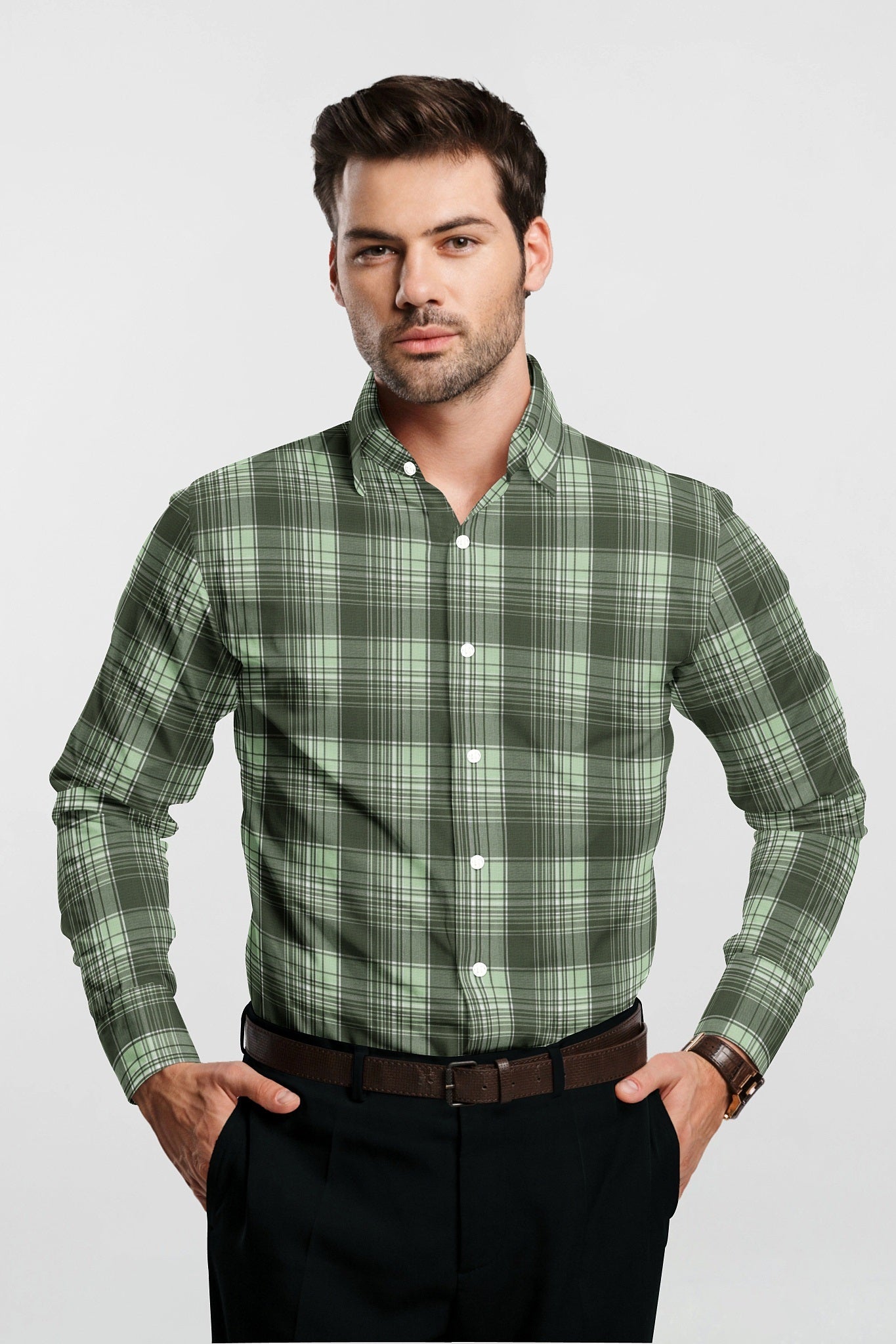 Reseda Green with White and Opaline Green Checks Cotton Shirt