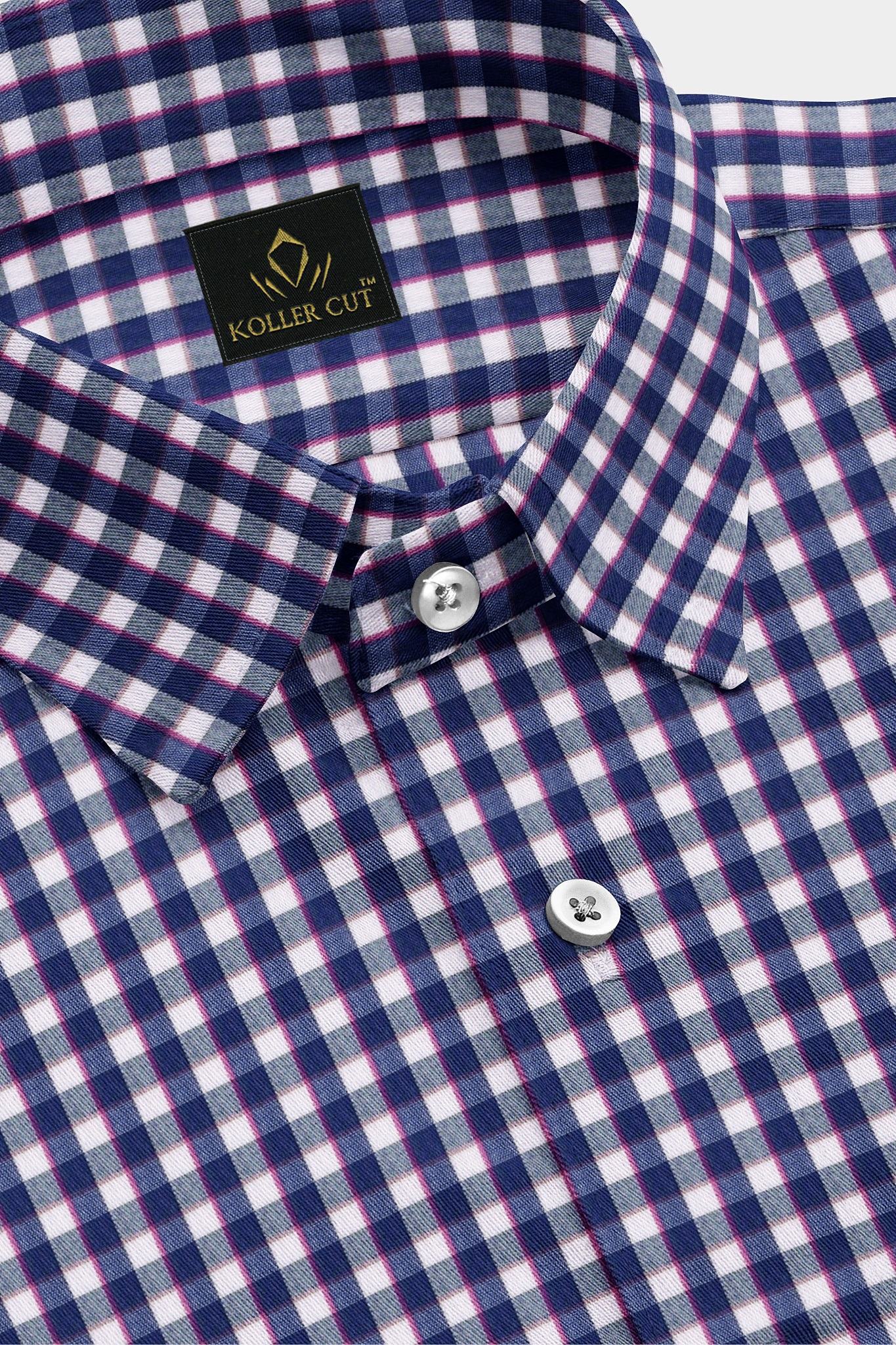 Clematis Blue with White and Magenta Pink Gingham Checks Cotton Shirt