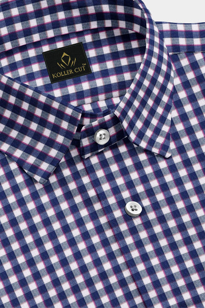 Clematis Blue with White and Magenta Pink Gingham Checks Cotton Shirt