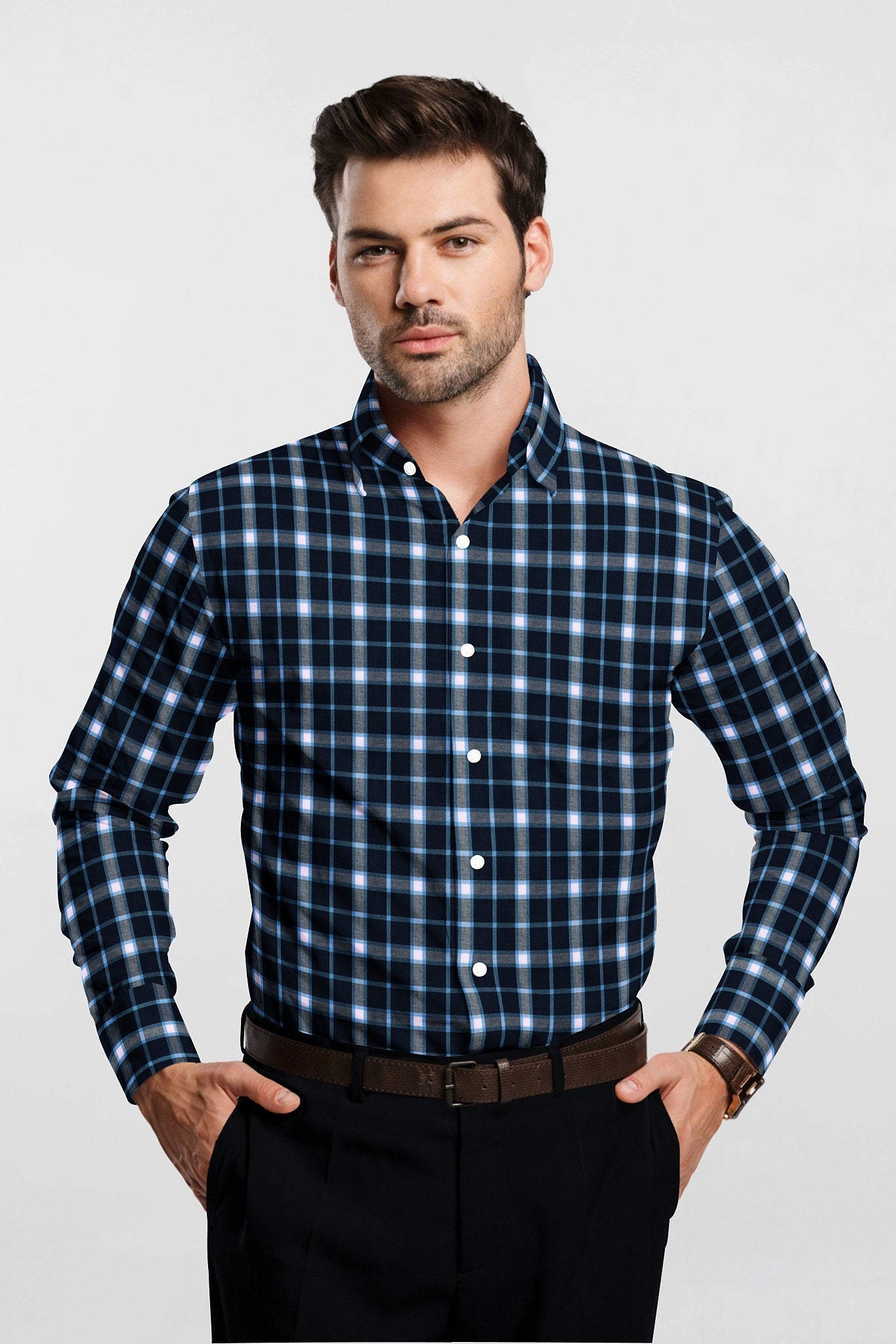 Estate Blue with Daphne Blue and White Checks Cotton Shirt