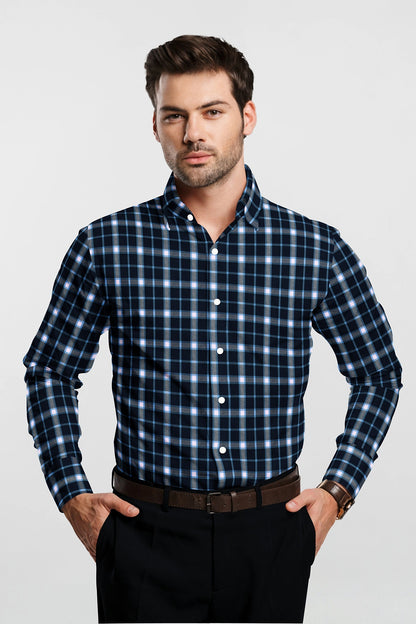 Estate Blue with Daphne Blue and White Checks Cotton Shirt