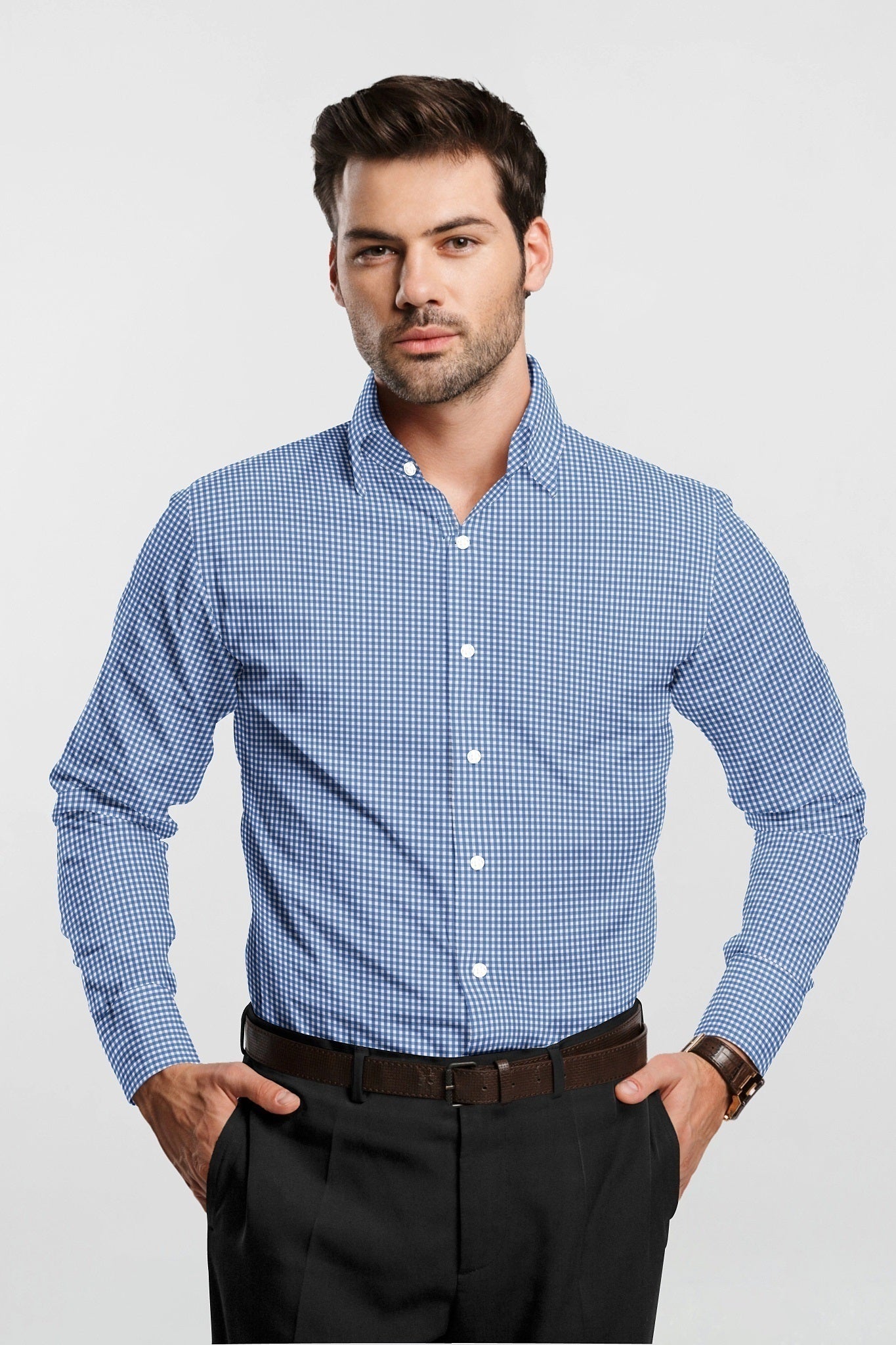 White and Carolina Blue Gingham Checks Cotton Shirt