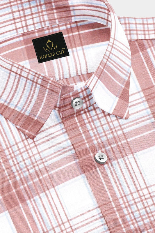 White and Tropical Peach Checks Cotton Shirt