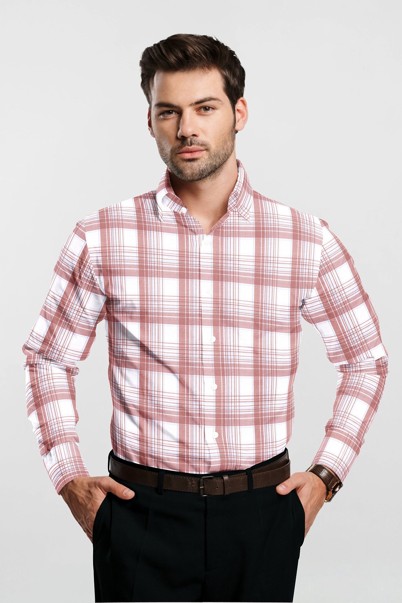 White and Tropical Peach Checks Cotton Shirt