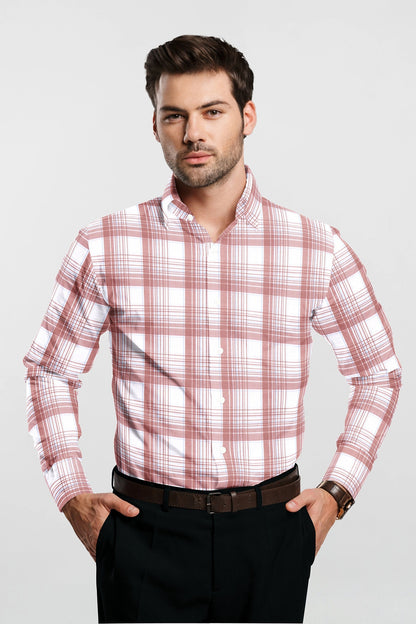 White and Tropical Peach Checks Cotton Shirt
