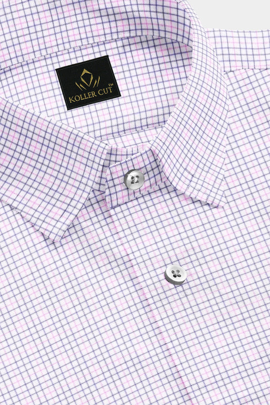White with Sapphire Purple and Begonia Pink Checks Cotton Shirt