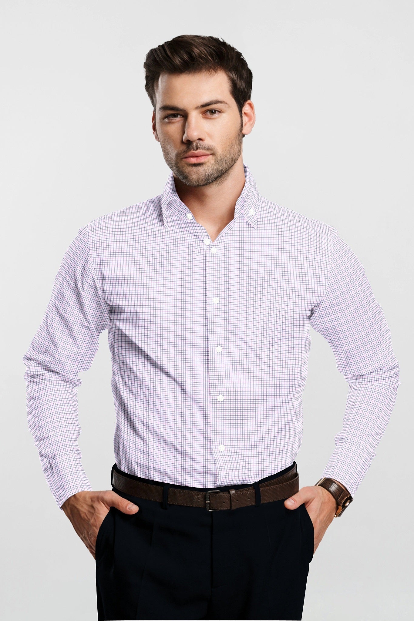 White with Sapphire Purple and Begonia Pink Checks Cotton Shirt