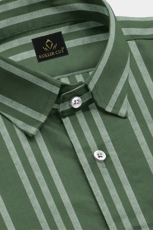 Moss Green and White Stripes Cotton Shirt