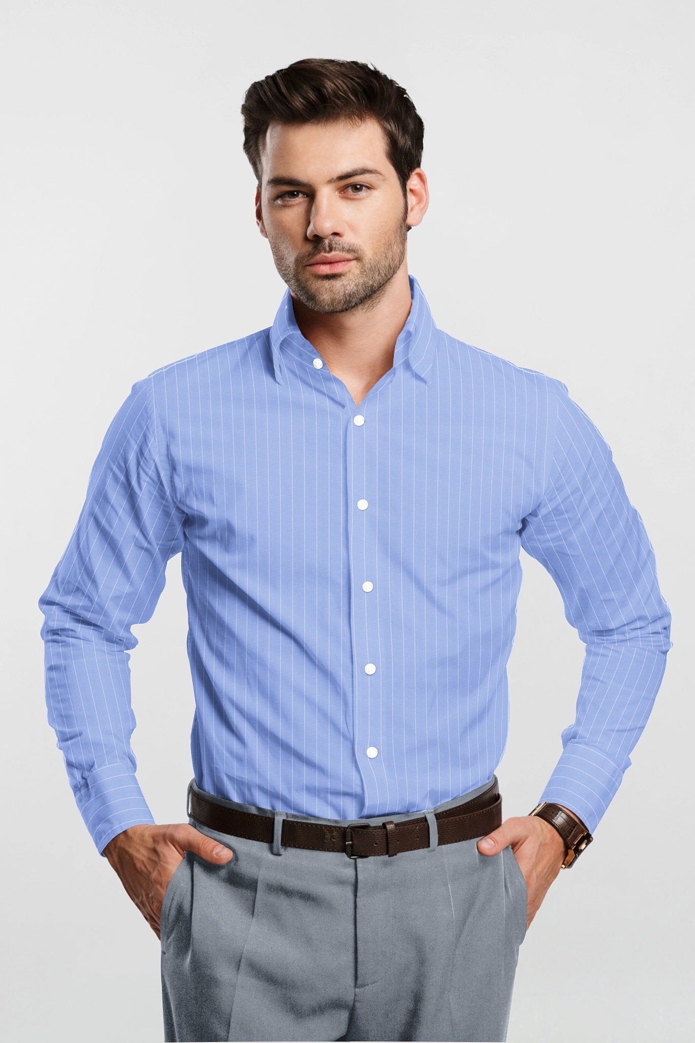 Baltic Blue and White Pinstripes Cotton Shirt