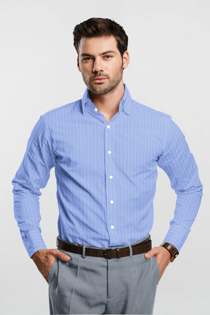 Baltic Blue and White Pinstripes Cotton Shirt