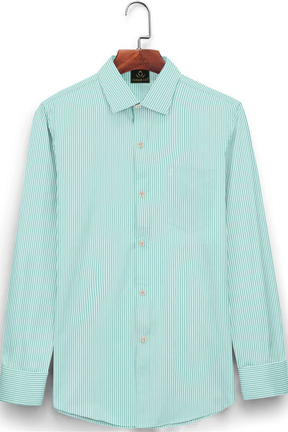 Light blue striped shirt on a hanger against a white background-White and Sea Green Oxford Stripes Cotton Shirts