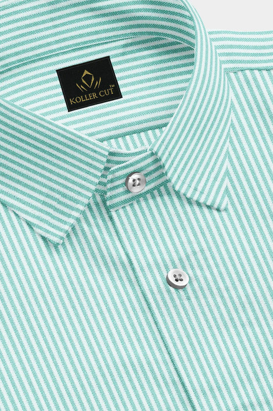 White and Sea Green Oxford Stripes Cotton Shirts