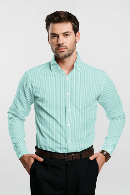 Man wearing a light blue checkered shirt and black pants on a white -background-White and Sea Green Oxford Stripes Cotton Shirts