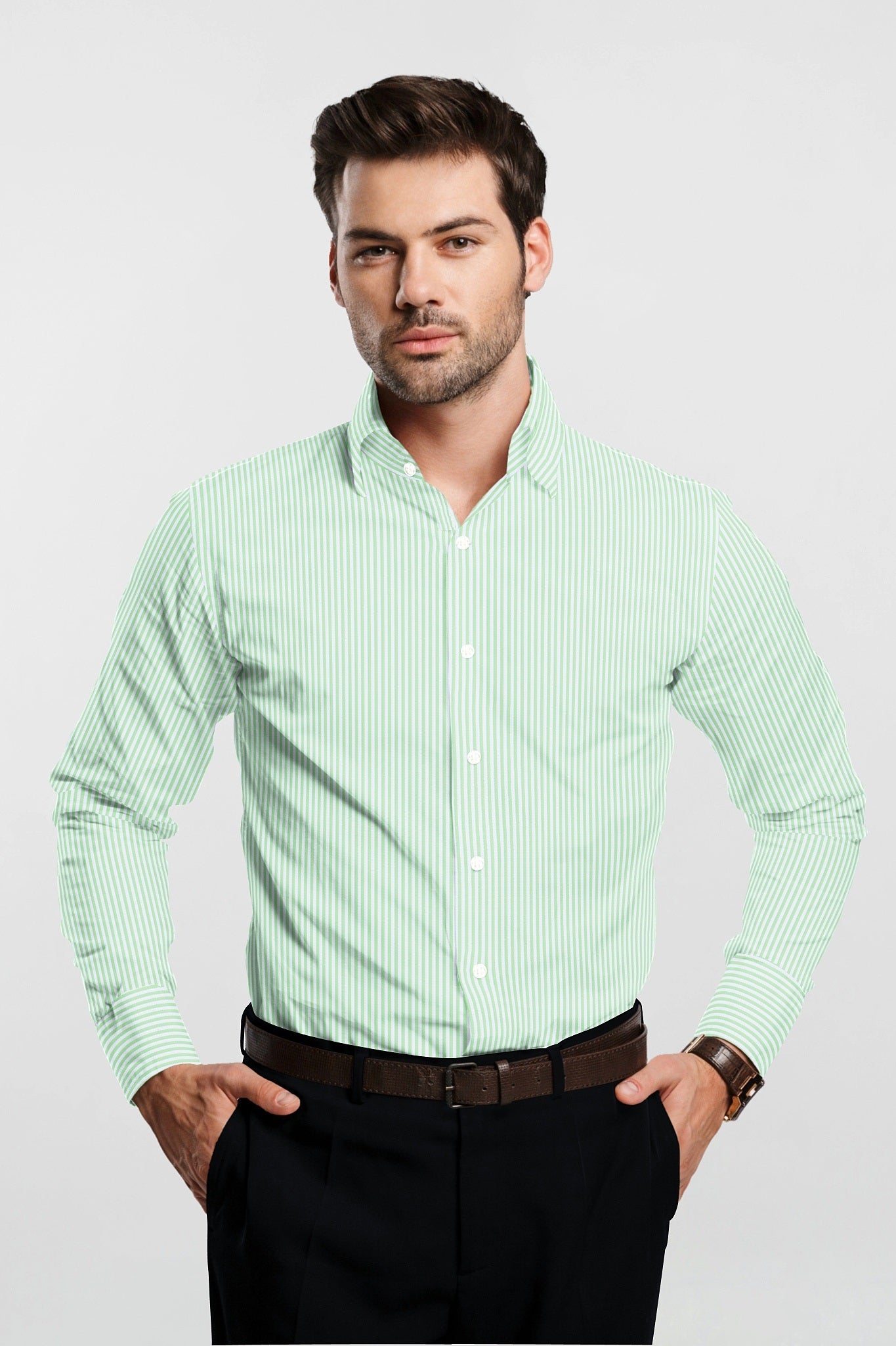 Ambrosia Green and White Candy Stripes Cotton Shirt