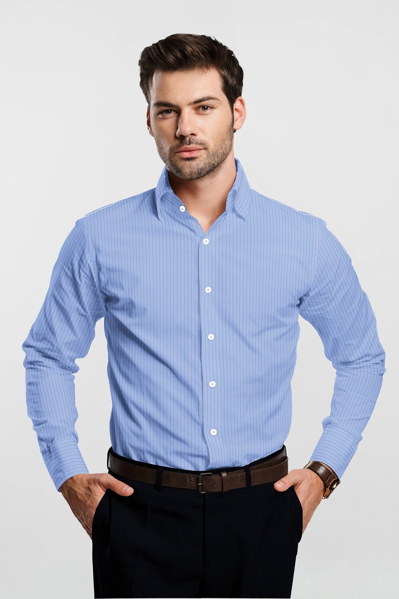Chambray Blue and Samba Red Pinstripes Cotton Shirt