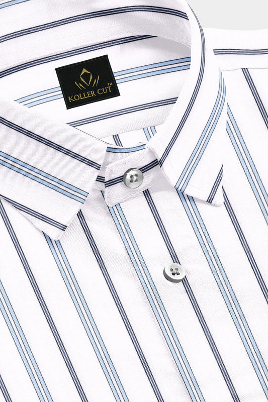 White with Brunnera Blue and Estate Blue Stripes Cotton Shirt