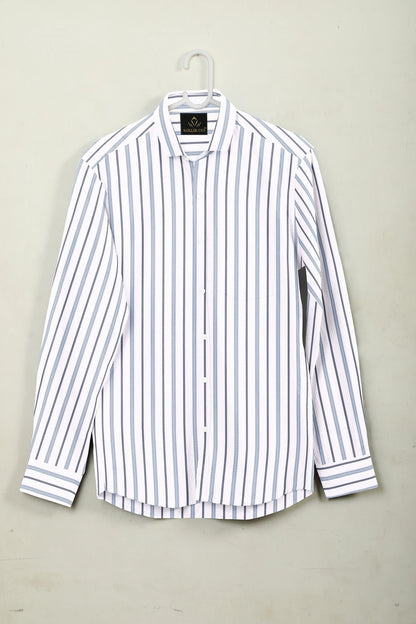 White with Brunnera Blue and Estate Blue Stripes Cotton Shirt