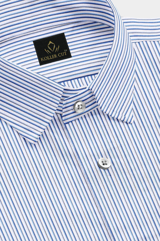 White with Brunnera Blue and Xenon Blue Pinstripes Cotton Shirt