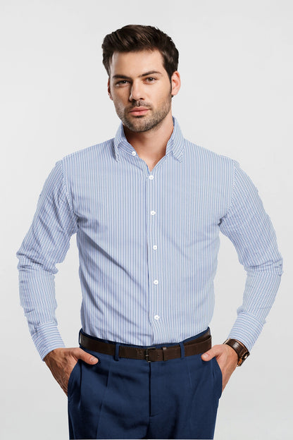 White with Brunnera Blue and Xenon Blue Pinstripes Cotton Shirt