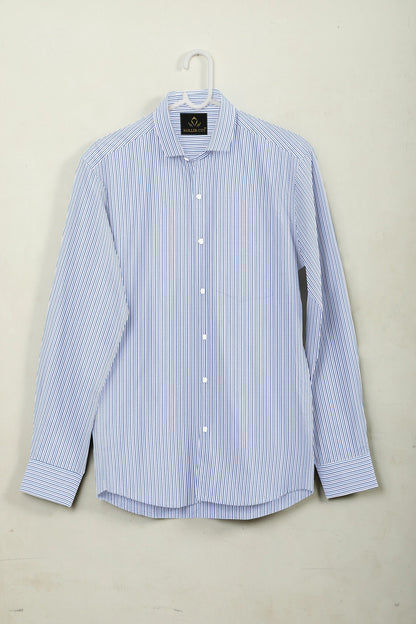 White with Brunnera Blue and Xenon Blue Pinstripes Cotton Shirt