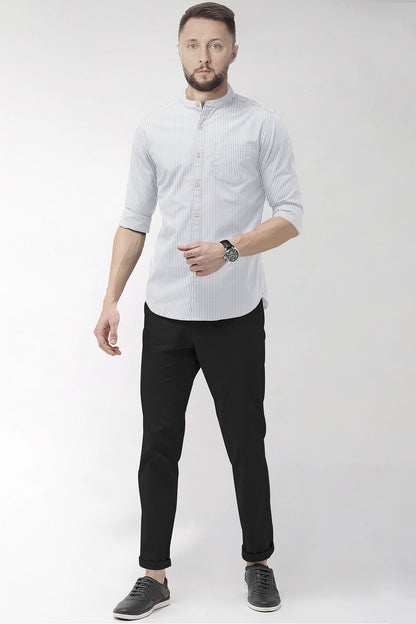 White and Denim Blue Oxford Stripes Mandarin Collar Cotton Shirt