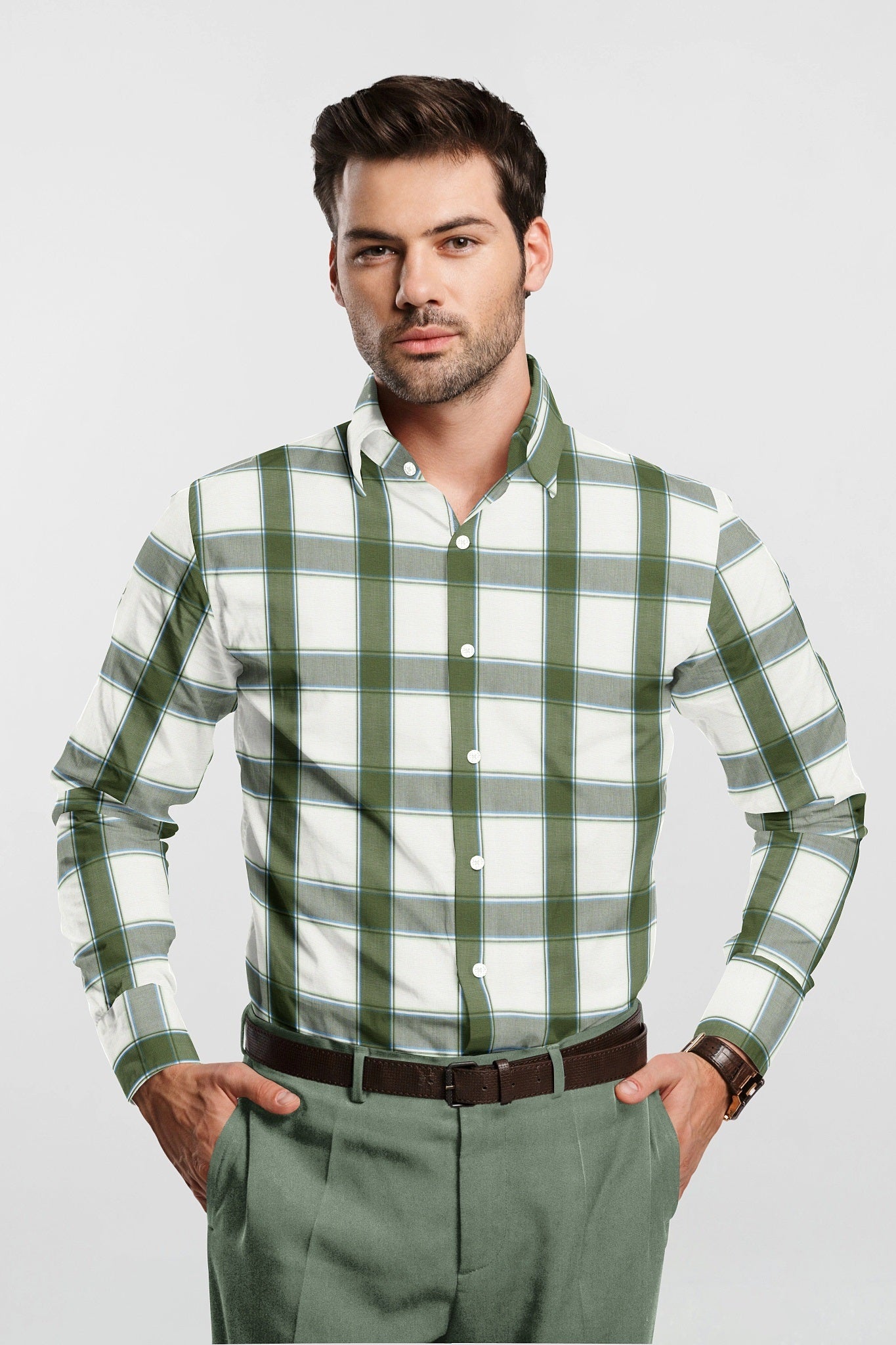 White and Cactus Green Checks Cotton Shirt