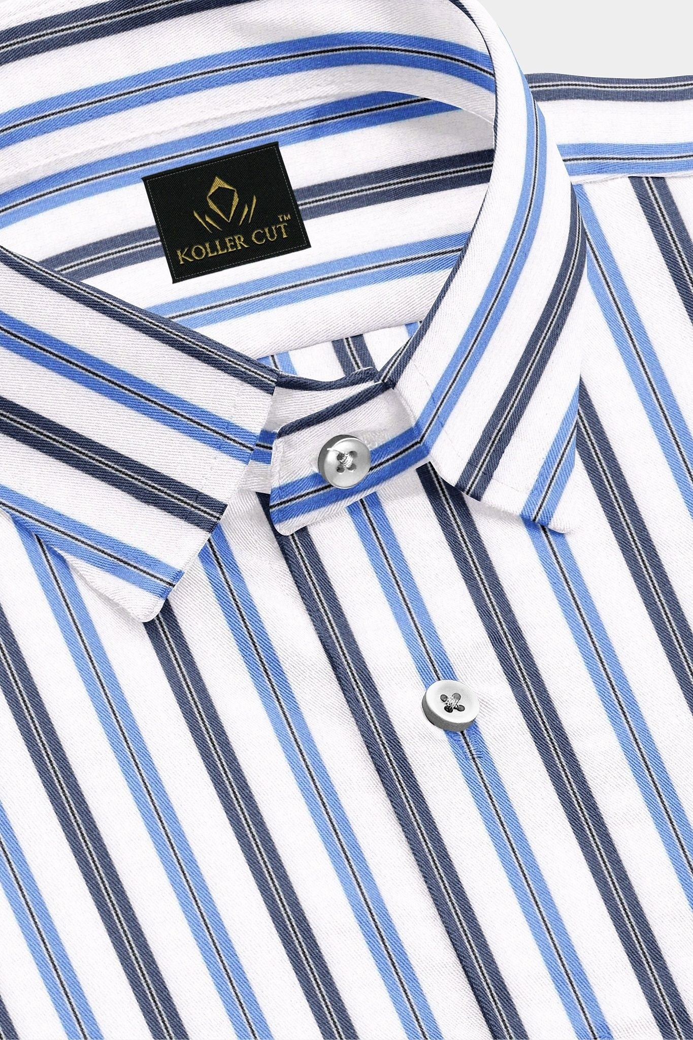 White with Cendre Blue and Colony blue Stripes Cotton Shirt
