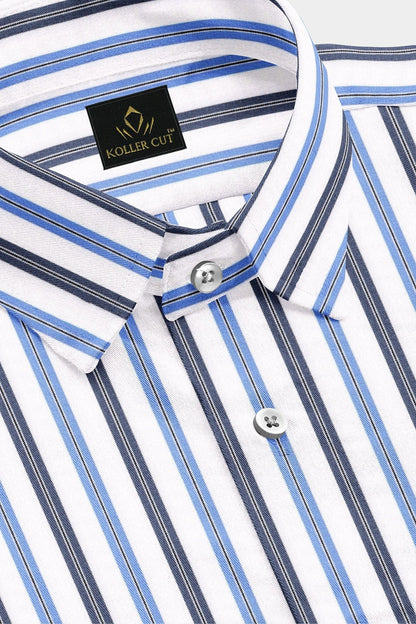 White with Cendre Blue and Colony blue Stripes Cotton Shirt