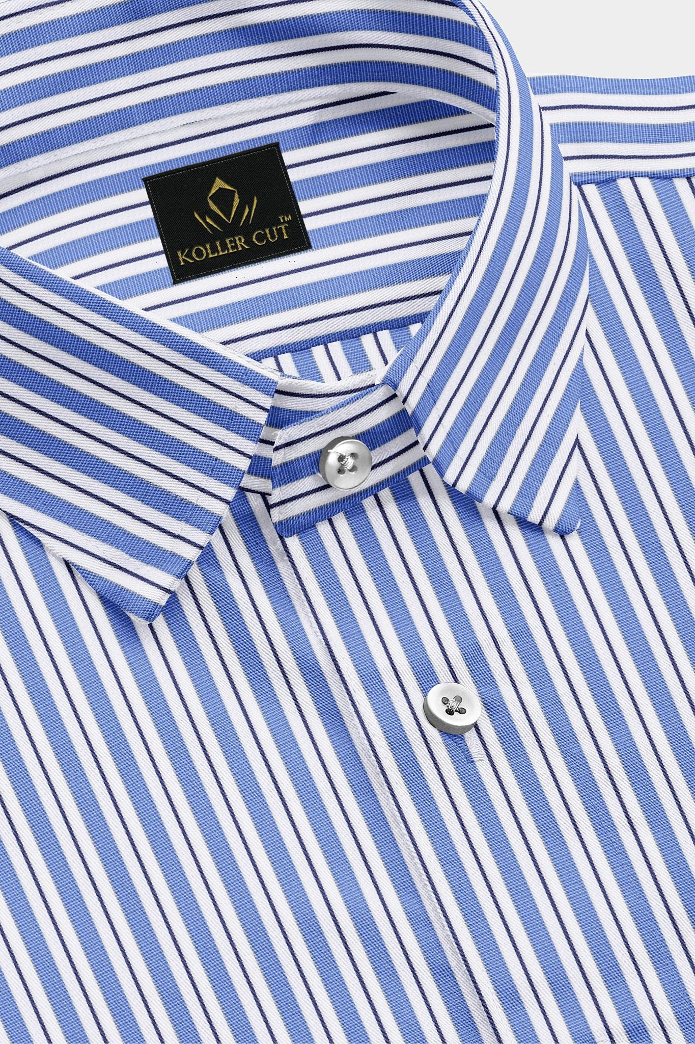 White with Amparo Blue and Black Stripes Cotton Shirt