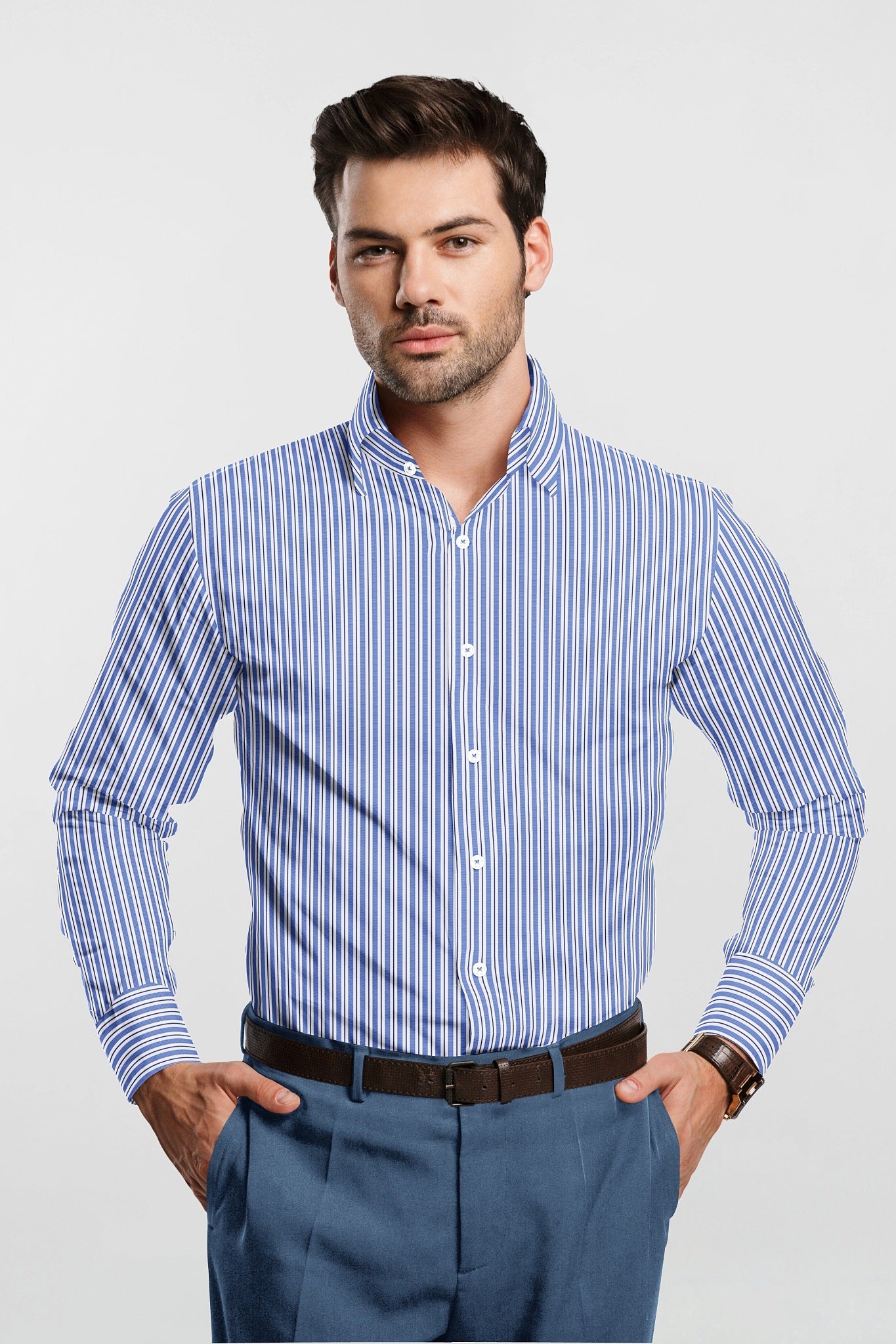 White with Amparo Blue and Black Stripes Cotton Shirt