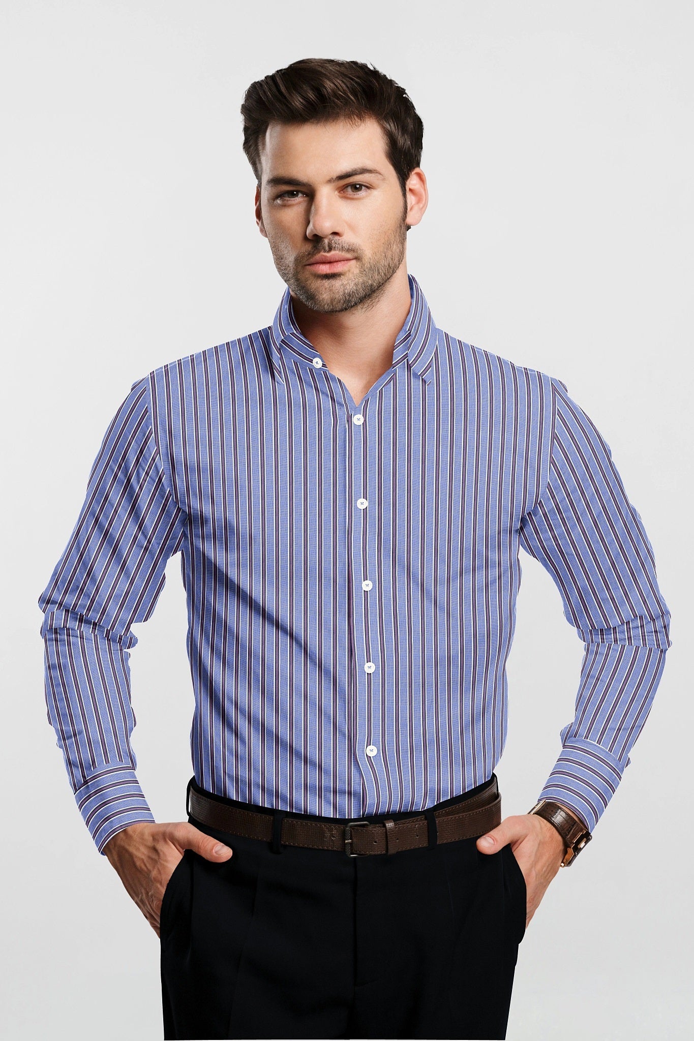 Clematis Blue with Black and White Stripes Cotton Shirt