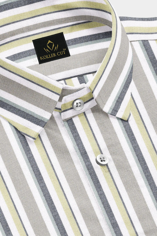 White with Semolina and Lime Yellow Oxford Stripes Cotton Shirt