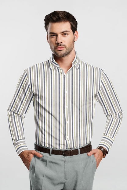 White with Semolina and Lime Yellow Oxford Stripes Cotton Shirt