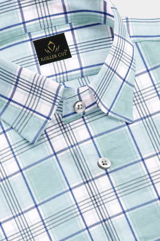 White with Pastel Turquoise Blue and Galaxy Blue Checks Cotton Shirt