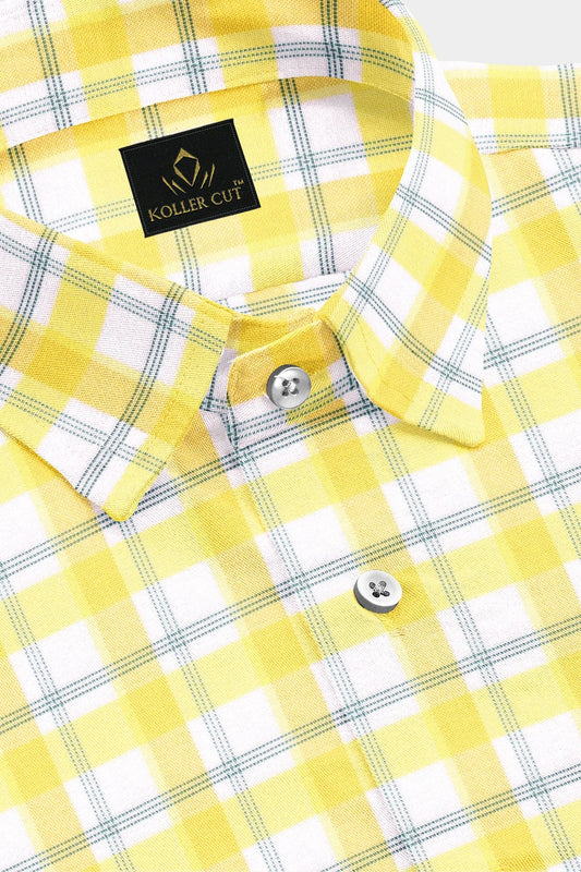 White with Pineapple Yellow and Cadet Blue Checks Cotton Shirt
