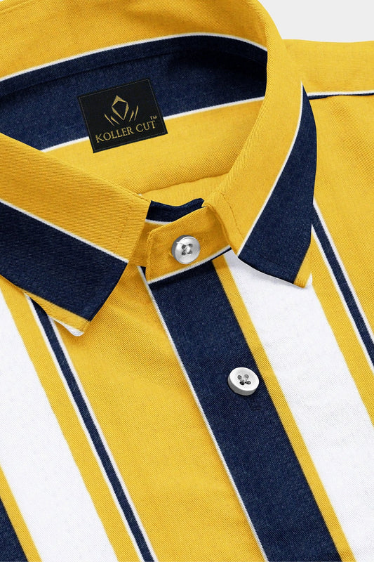 Celandine Yellow with Medieval Blue and White Stripes Cotton Shirt