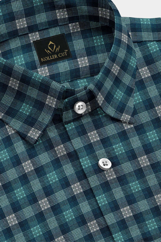 Teal Blue with White and Celeste Blue Checks Cotton Shirt