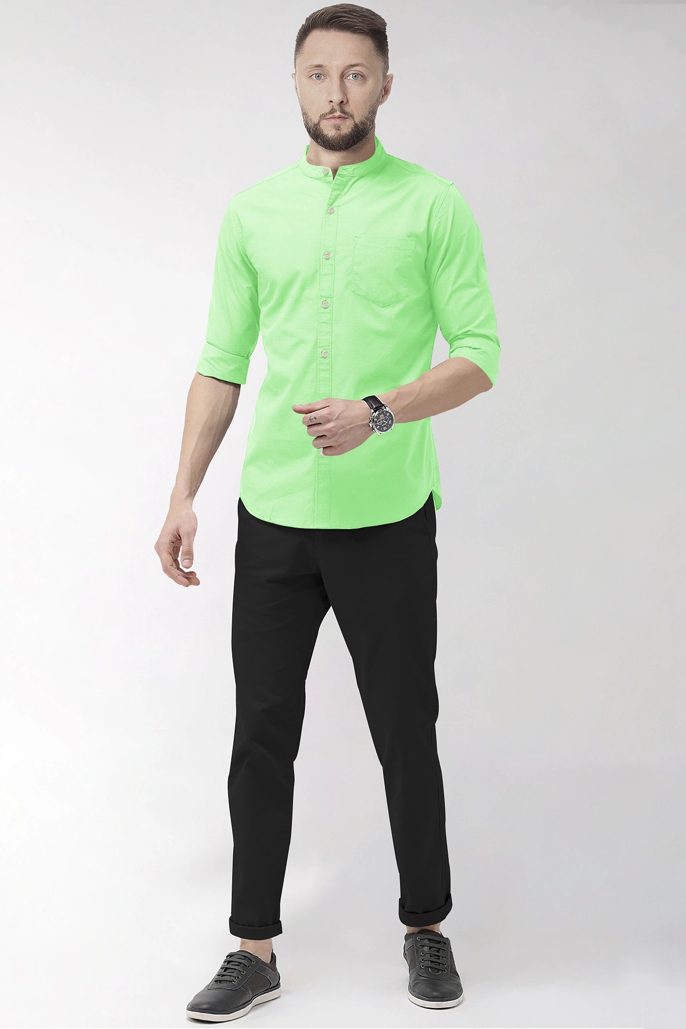Pistachio Green Mandarin Collar Giza Cotton Shirt