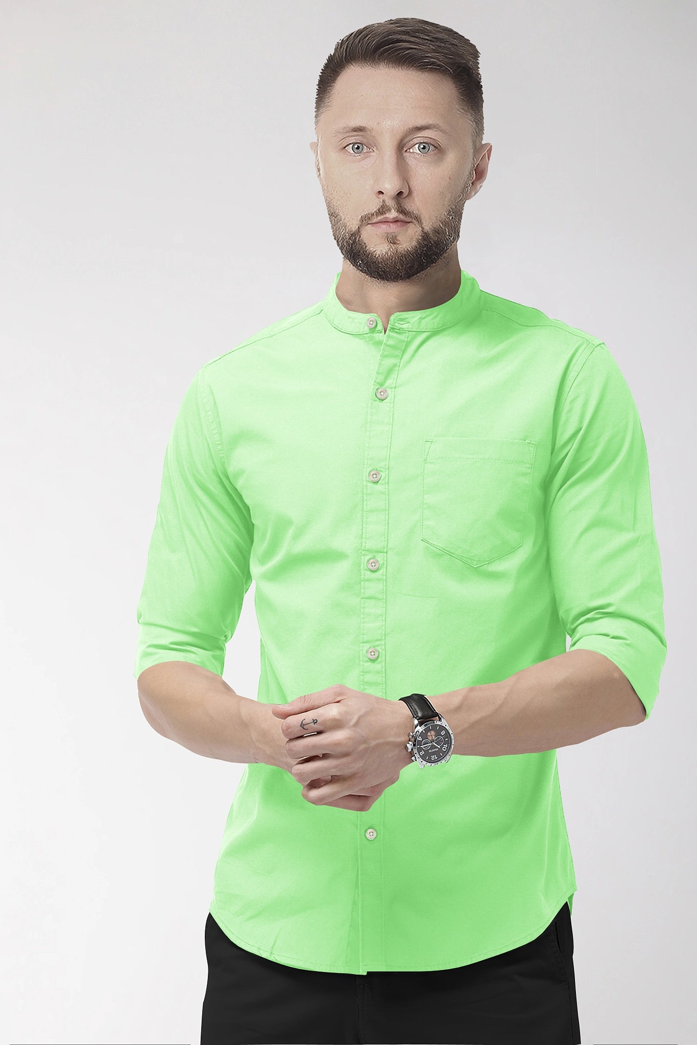 Pistachio Green Mandarin Collar Giza Cotton Shirt
