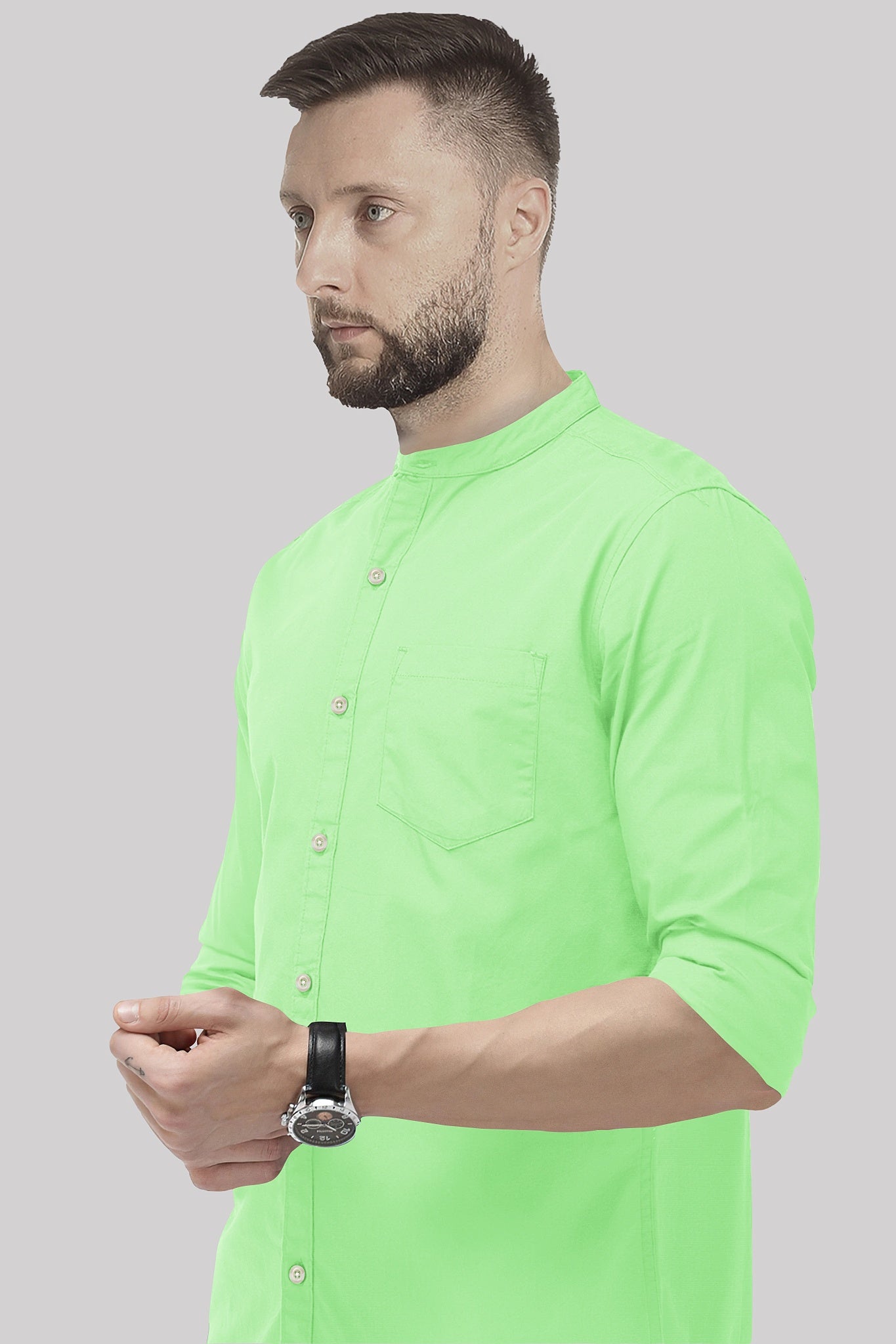 Pistachio Green Mandarin Collar Giza Cotton Shirt