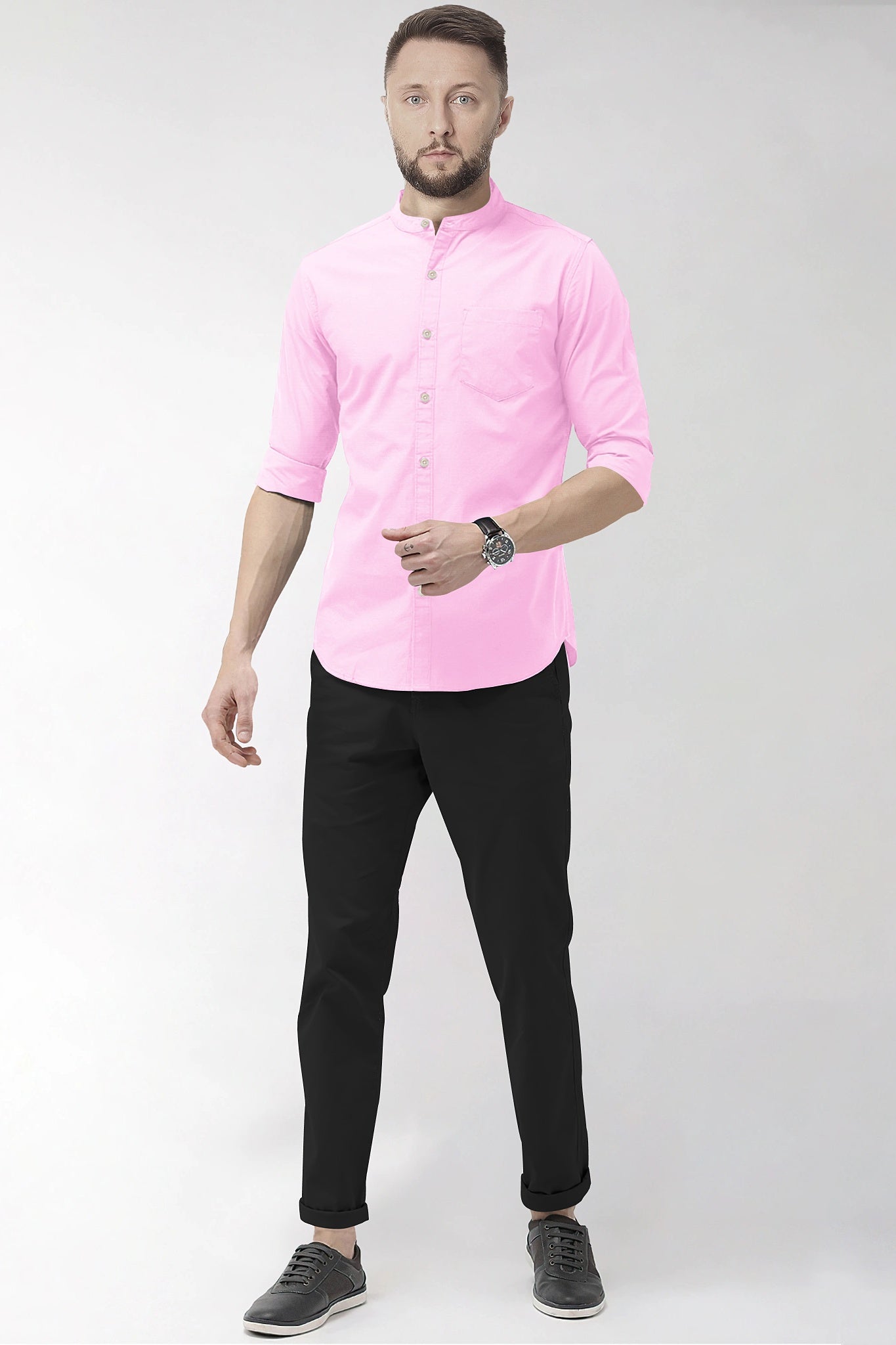 Prism Pink Mandarin Collar Giza Cotton Shirt