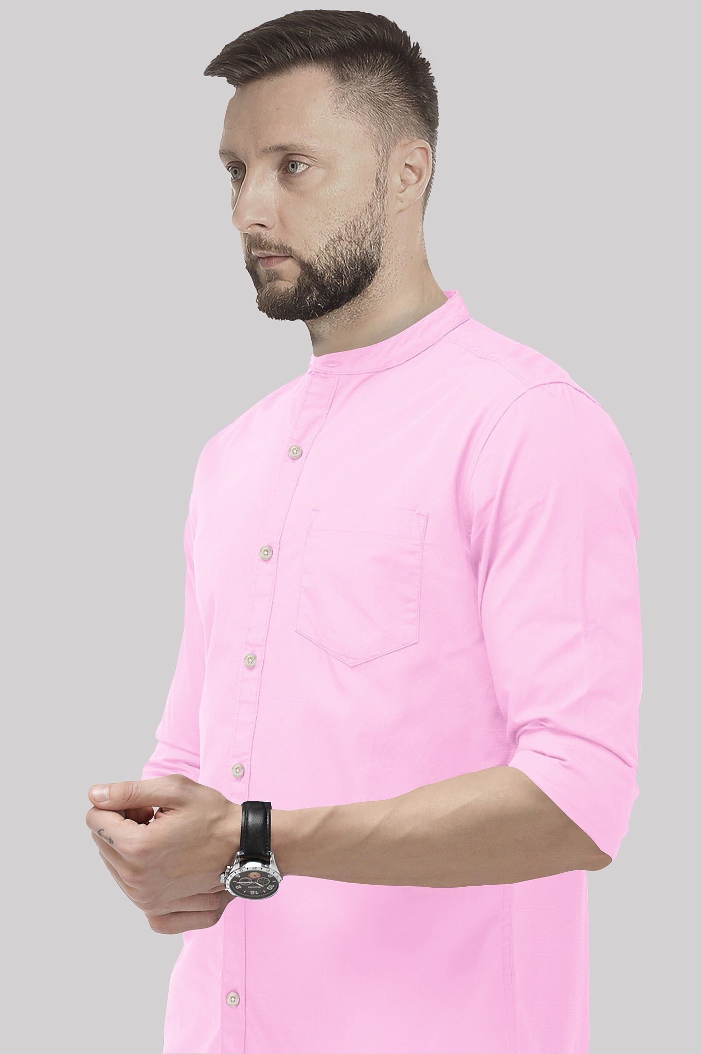 Prism Pink Mandarin Collar Giza Cotton Shirt