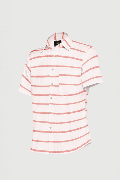 White and Cinnabar Red Jacquard Stripes Linen Shirt