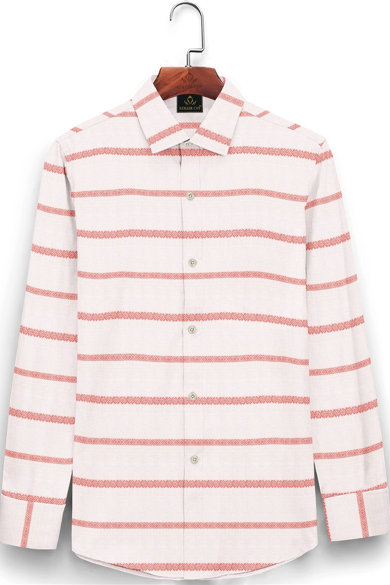 White and Cinnabar Red Jacquard Stripes Linen Shirt