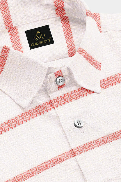 White and Cinnabar Red Jacquard Stripes Linen Shirt