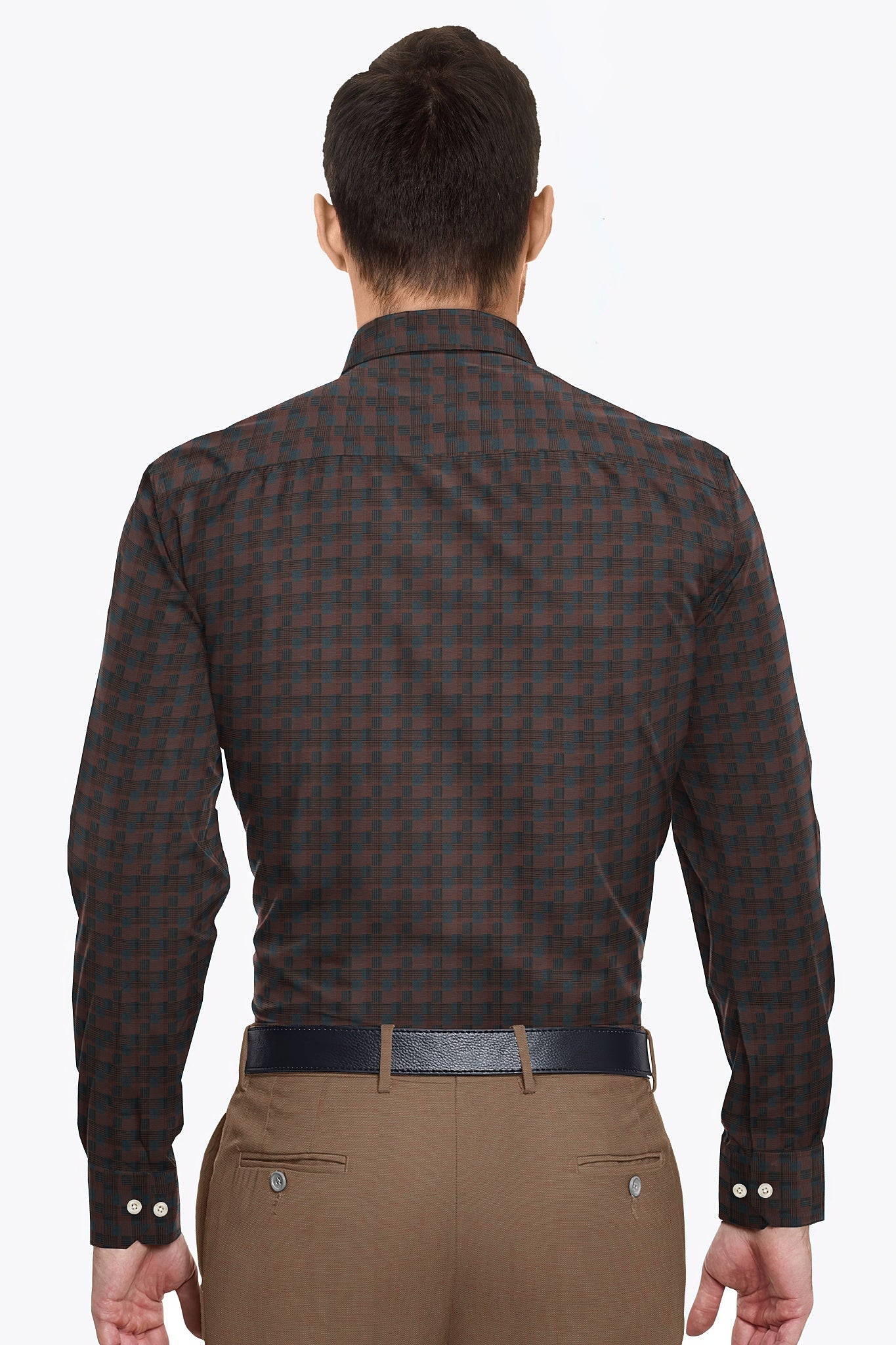 Cinnabar Brown and Teal Blue Jacquard Check Giza Cotton Shirt