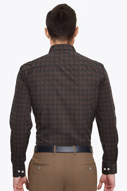 Cinnabar Brown and Teal Blue Jacquard Check Giza Cotton Shirt
